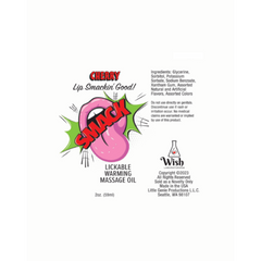 Back label of Smack Cherry massage oil showing ingredients and Wish Laboratories branding