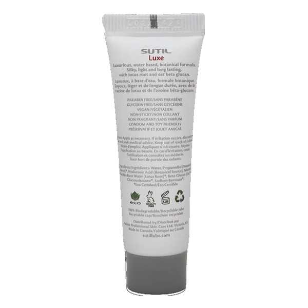 Back label of Sutil Luxe 10ml lube showing water-based, vegan formula details
