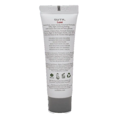 Back label of Sutil Luxe 10ml lube showing water-based, vegan formula details