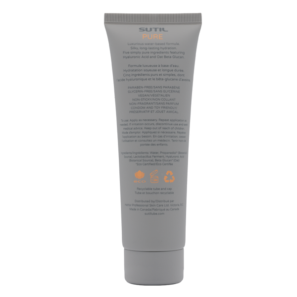 Back label of Sutil Pure water-based lubricant listing five key ingredients and usage directions