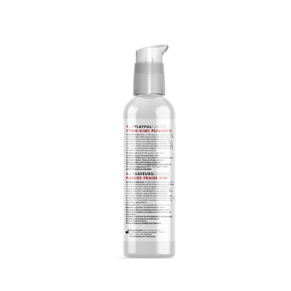 Back label of Swiss Navy Straw-Kiwi Pleasures 4in1 lubricant showing bilingual directions