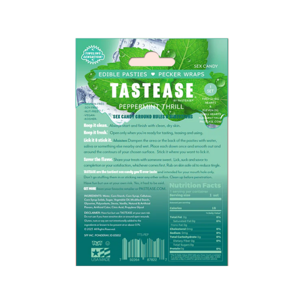 Back label of Tastease edible pasties with usage instructions and peppermint candy nutrition facts