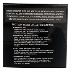 Back label of Tasty Travel Collection listing strawberry-scented vegan, paraben-free product contents