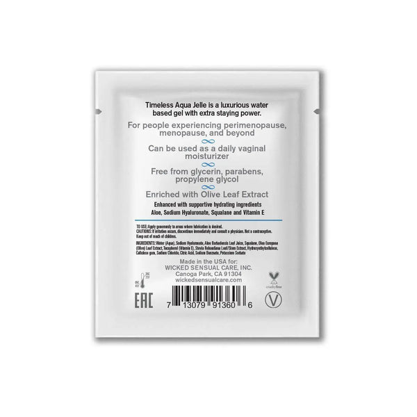 Back label of Timeless Aqua Jelle sachet listing key ingredients including Olive Leaf Extract
