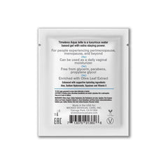 Back label of Timeless Aqua Jelle sachet listing key ingredients including Olive Leaf Extract