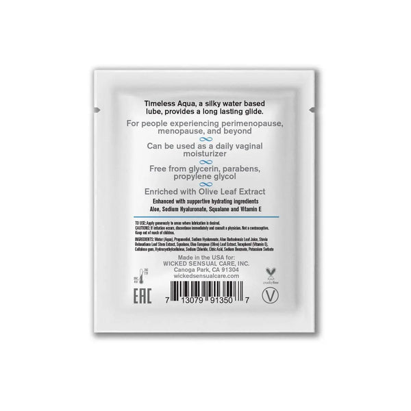 Back label of Timeless Aqua sachet showing ingredients, pH-balanced formula and vegan seal