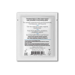 Back label of Timeless Aqua sachet showing ingredients, pH-balanced formula and vegan seal