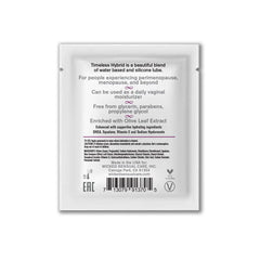 Back label of Timeless Hybrid sachet showing ingredients, usage tips, and vegan certification mark