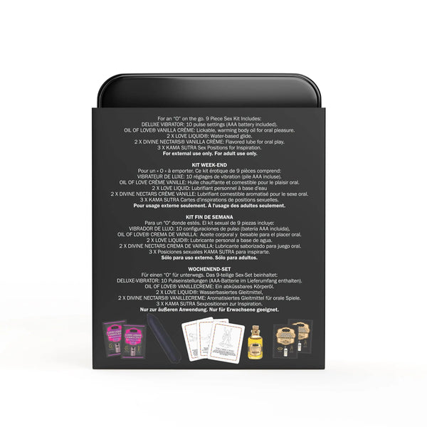 Back label of Weekender Kit tin showing multilingual product contents list in English, French, Spanish, and German