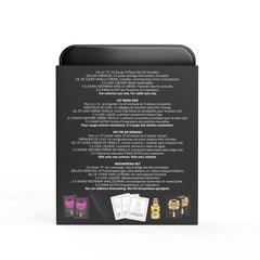 Back label of Weekender Kit tin showing multilingual product contents list in English, French, Spanish, and German