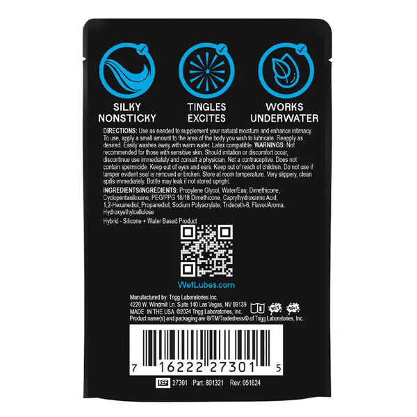 Back label of Wet Tingling Lubricant showing ingredients, directions, and silky nonsticky icons