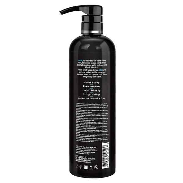 Back label of Wicked Aqua lubricant highlighting paraben-free, vegan, latex-friendly formula