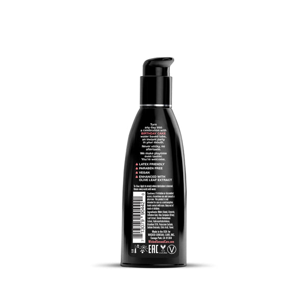 Back label of Wicked Birthday Cake lubricant showing vegan and paraben-free feature list