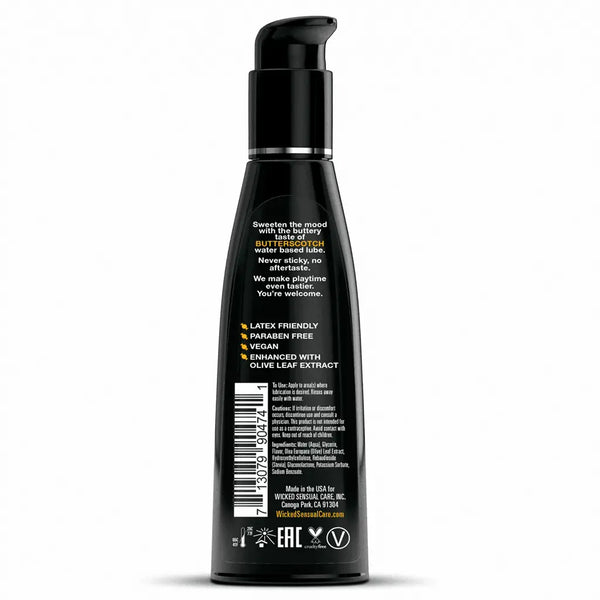Back label of Wicked Butterscotch lube showing paraben-free, vegan, and olive leaf extract details
