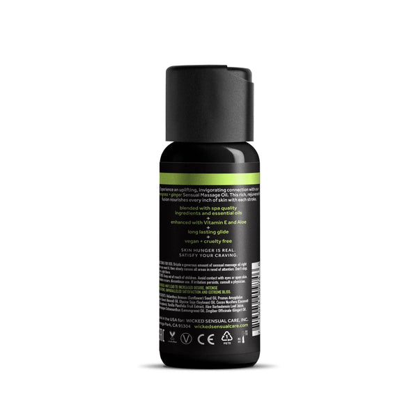 Back label of Wicked massage oil showing ingredients, vegan and cruelty-free icons