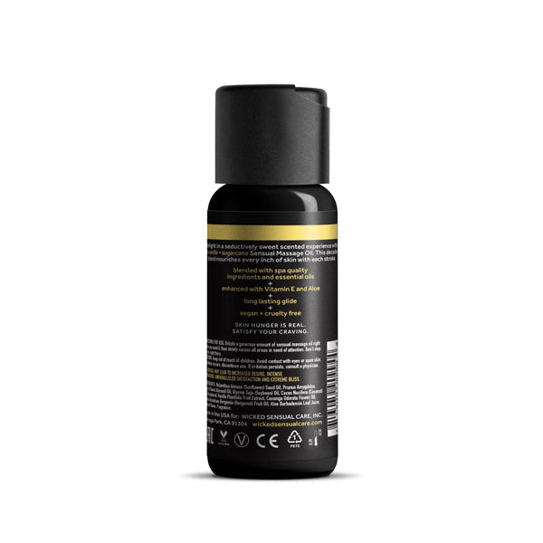 Back label of Wicked massage oil showing ingredients, vegan and cruelty-free icons