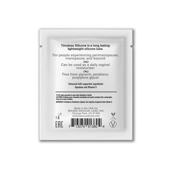 Back label of Wicked Simply Timeless Silicone sachet listing key ingredients including Squalane and Vitamin E