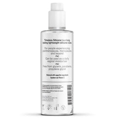 Back label of Wicked Timeless Silicone Lube listing key ingredients and usage details