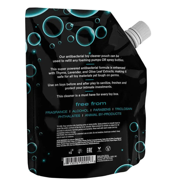 Back label of Wicked toy cleaner refill listing antibacterial ingredients and free-from claims
