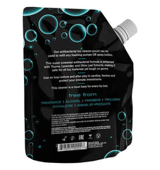 Back label of Wicked toy cleaner refill listing antibacterial ingredients and free-from claims