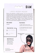 Back of Lace Hush Hood box detailing materials, features, and removable mouth strap function