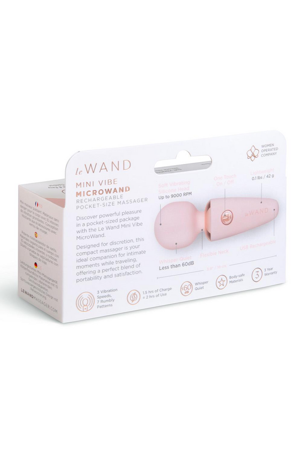 Back of Le Wand Mini Vibe Microwand packaging displaying specs including up to 9000 RPM