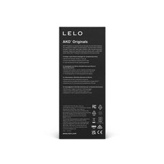 Back of LELO AKO Originals packaging displaying multilingual product details and certifications