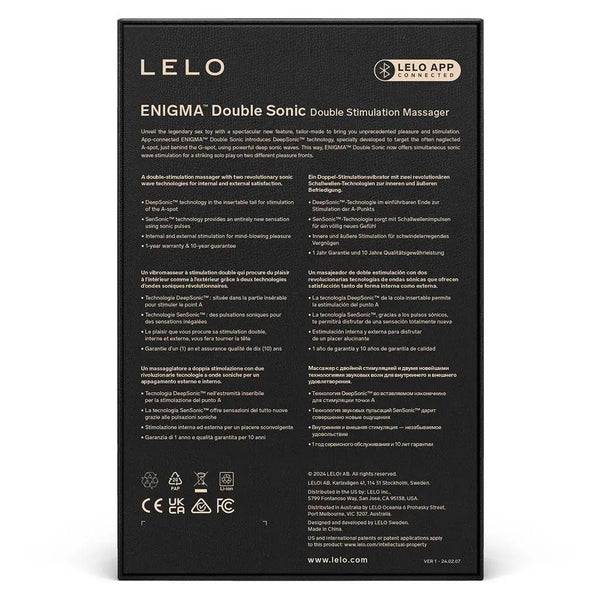 Back of LELO Enigma Double Sonic box showing multilingual feature descriptions and app connectivity