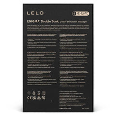 Back of LELO Enigma Double Sonic box showing multilingual feature descriptions and app connectivity