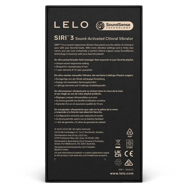 Back of LELO SIRI 3 box detailing SoundSense technology and multilingual product features
