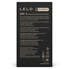 Back of LELO SIRI 3 box detailing SoundSense technology and multilingual product features
