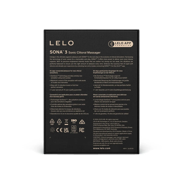 Back of LELO Sona 3 packaging showing multilingual product details and app-connected feature