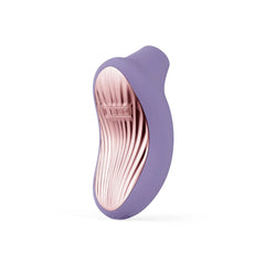Back view of LELO Sona 3 showing rose-gold ribbed sonic panel on purple silicone body