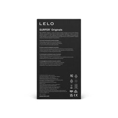 Back of LELO Surfer Originals black packaging showing multilingual product description and certifications