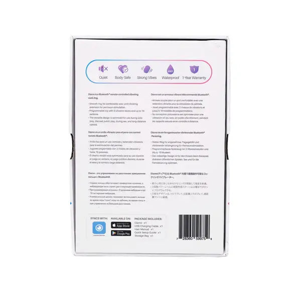 Back of Lovense Diamo retail box displaying multilingual features, icons, and package contents