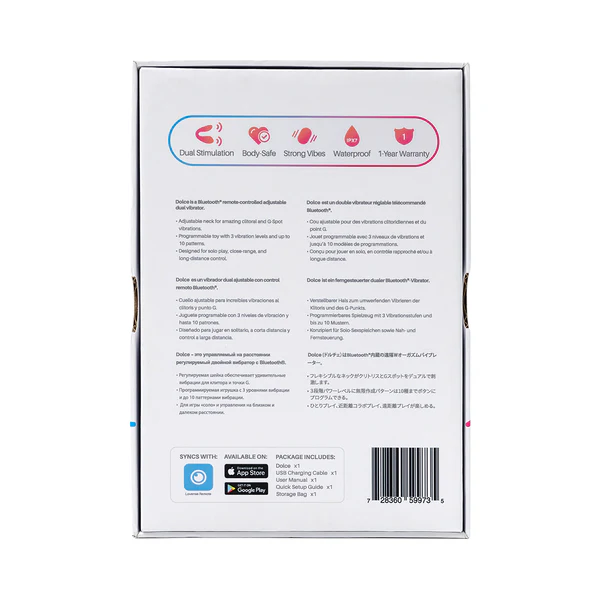 Back of Lovense Dolce retail box listing features, multilingual specs, and package contents