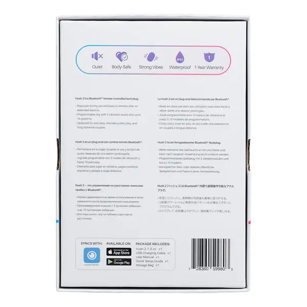 Back of Lovense Hush 2 box showing features, multilingual text, and package contents list