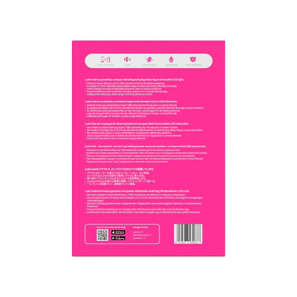 Back of Lovense Lush Anal box showing multilingual product details and feature icons
