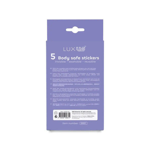 Back of Luxus body safe stickers box showing multilingual instructions and product details