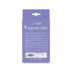 Back of Luxus body safe stickers box showing multilingual instructions and product details
