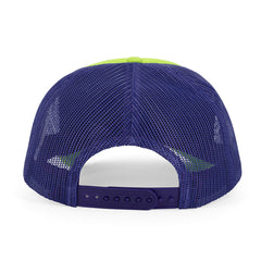 Back view of navy mesh trucker hat with snapback closure and neon green crown detail