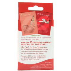 Back of The Oral Sex Card Game box showing sample cards and game description text