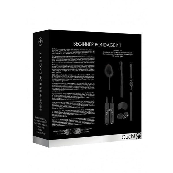 Back of Ouch! Beginners Bondage Kit box showing multilingual description and full contents list on black packaging
