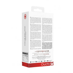 Back of Ouch! collar with leash box showing multilingual instructions and size guide diagram
