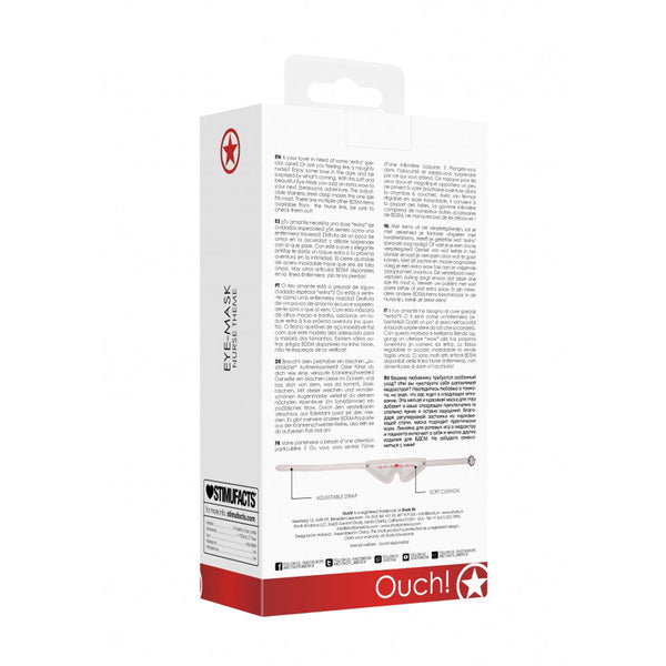 Back of Ouch! Eye-Mask packaging showing multilingual product details and strap diagram