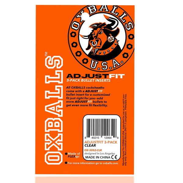 Back of Oxballs AdjustFit 3-Pack packaging showing product details, barcode, and FLEXtpr material note