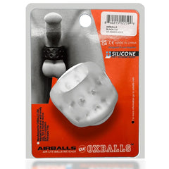 Back of Oxballs Airballs packaging showing barcode, CE mark, and in-use diagram
