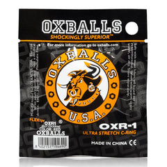 Back of Oxballs OXR-1 packaging showing FLEXtpr material label, red color, made in China