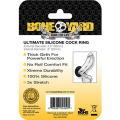 Back packaging of Boneyard cock ring showing specs: 50mm outer, 20mm inner diameter, 100% silicone