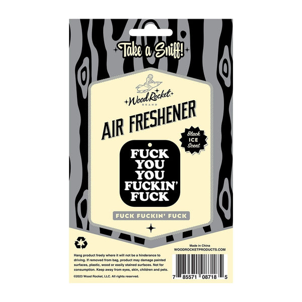 Back of packaging showing hang instructions and scent info for the novelty air freshener